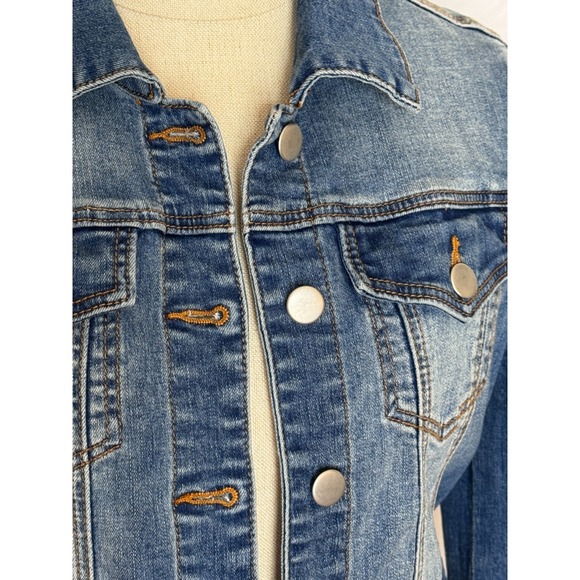 AQUA Women's Puff Sleeve Denim Long Sleeve Jean Jacket XS Blue Fitted Chic Short - Picture 3 of 13